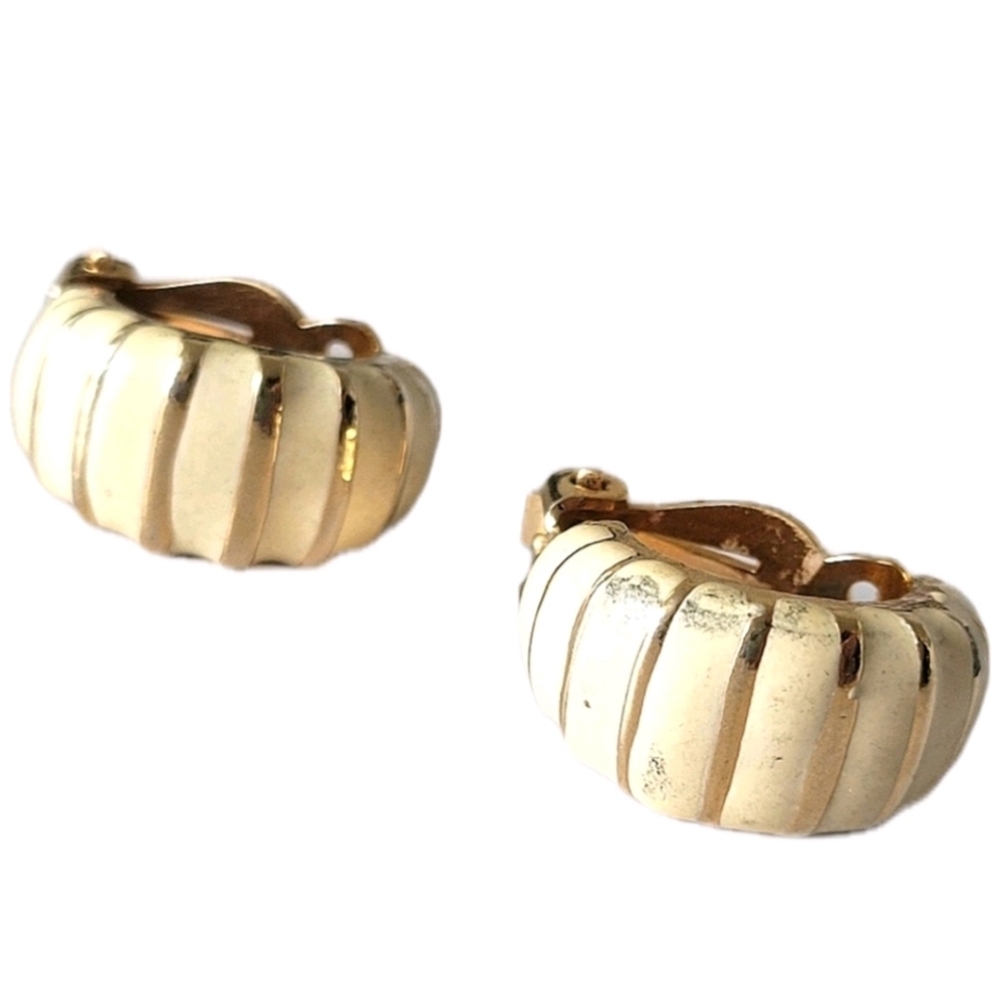 Vintage Cream Enamel Gold Hoop Clip-on Earrings